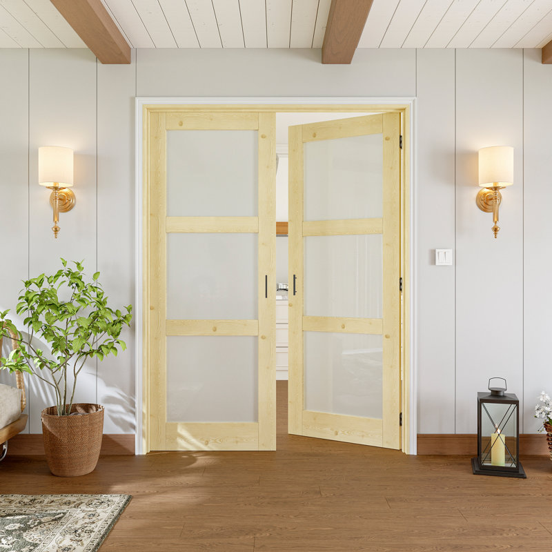 Porte française intérieure de 72 po x 80 po, portes en bois de pin et verre trempé givré 3-Lite, portes en bois de pin massif à peindre sans finition avec cadre, loquets à bille complets et charnières et poignées noires, fabrication en bois de pin naturel robuste et verre d'intimité et en verre givré