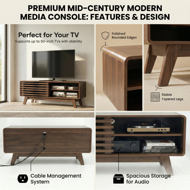 Mid-Century Modern 46-Inch Walnut TV Stand with Slatted Sliding Door and Storage Media Console Entertainment Center for Living Room