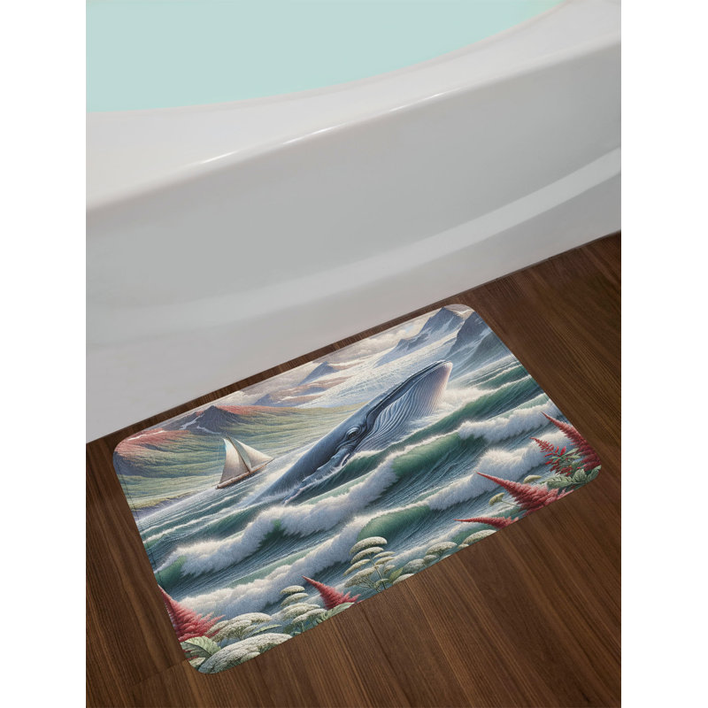 Sea Green Blue and Ruby Whale Nautical Bath Mat