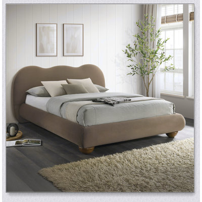 1Pc Eastern Bed Boucle Upholstered Round Bun Wood Feet Bedroom Furniture