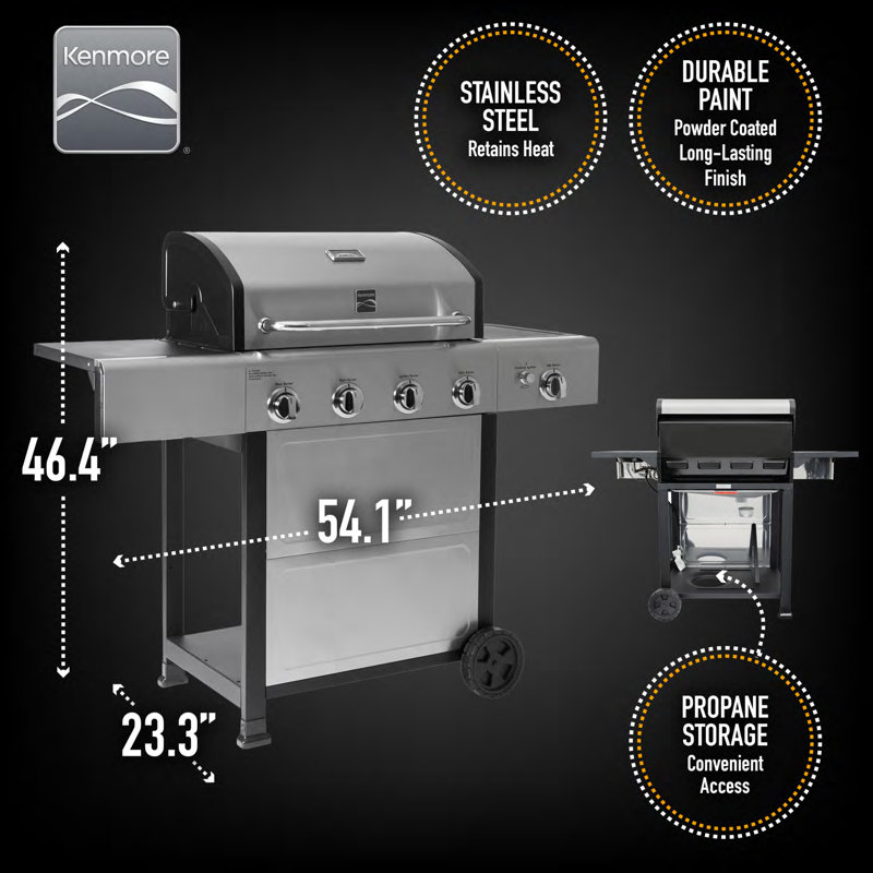 Barbecue au gaz propane autoportant à 4 brûleurs avec brûleur latéral Kenmore, Acier Inoxydable