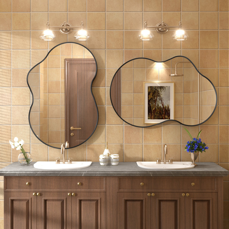 Amara Irregular Tempered Glass and Aluminum Alloy Framed French Cleat Mounted Wall Mirror, 36" x 24", Matte Black