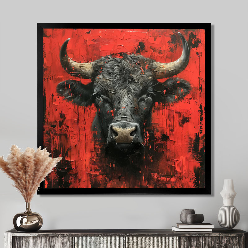 «Red Taurus Astrology Bulls Resolve», reproduction d'art mural animal, H 36 po x l 36 po x P 1,5 po, Cadre simple noir