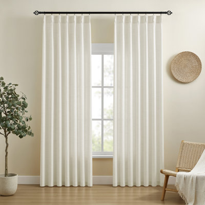Pinch Pleated Light Filtering Linen Blended Curtains, Boho Back Tab Semi Sheer Drapes with Metal Rings and adjustable Hooks for Living Room Bedroom,2Panels,Cream Beige