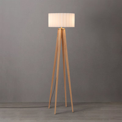 Quattro Floor Lamp with White Linen Drum Shade, Natural Ash Steel Body & Base, Socket Zipper Switch, 61" Height, Modern Style