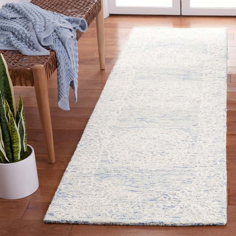 Batha Hand Tufted Wool/Bamboo Silk/Cotton with Cotton Backing Rug in Blue/Ivory, Runner 2'3" x 8'