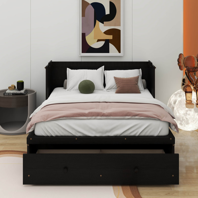 Lit escamotable double avec port USB et tiroir, Espresso