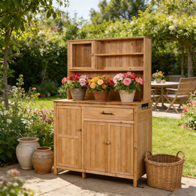 65” H Fir Wood Potting Bench With Hutch, Large Outdoor Garden Workstation With Adjustable Shelves, Spice Rack, Side Hooks & Drawer For Patio Kitchen