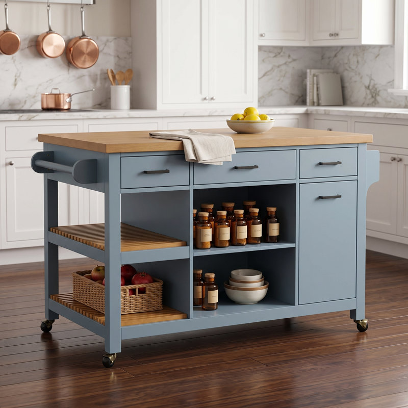 Îlot de cuisine mobile de 132 cm (52,01 po) avec placards et tiroirs de rangement, grand chariot de cuisine roulant avec étagères ouvertes et porte-serviettes