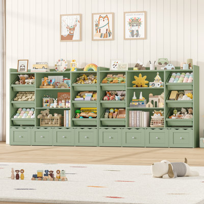 Toy Storage & Bookshelf Organizer 2-Pack - Double the Storage, Double the Fun, 8 Drawers + 6 Cubes + 12 Bins for Playroom Organization by Rebrilliant