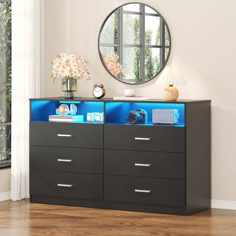Commode 6 tiroirs avec prise de courant, commode avec éclairage à DEL, commode moderne avec casiers de rangement ouverts pour garde-robe, armoire de rangement double à large tiroir pour chambre à coucher, salon