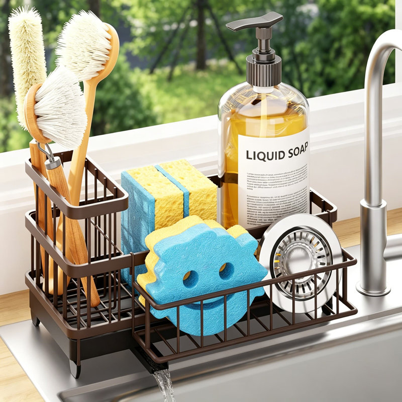 Porte-éponge pour évier de cuisine avec bec à vidange automatique, support de rangement amovible, porte-brosse, organisateur de chariot d'évier en acier inoxydable pour comptoir, aucune installation d'outils