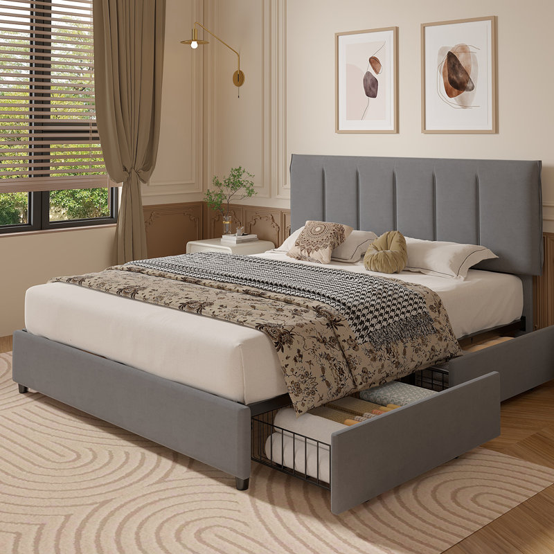 Double Size Bed Frame With 4 Storage Drawers, Platform Bed With Adjustable Upholstered Headboard, Wooden Slats Support, No Box Spring Needed, Easy Assembly