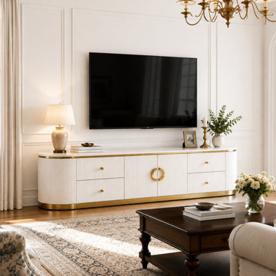Modern TV Stand for TVs Up to 85", 4 Drawers & Storage Cabinet, Fluted Curved Design and White Marble-Style Panel for Living Room
