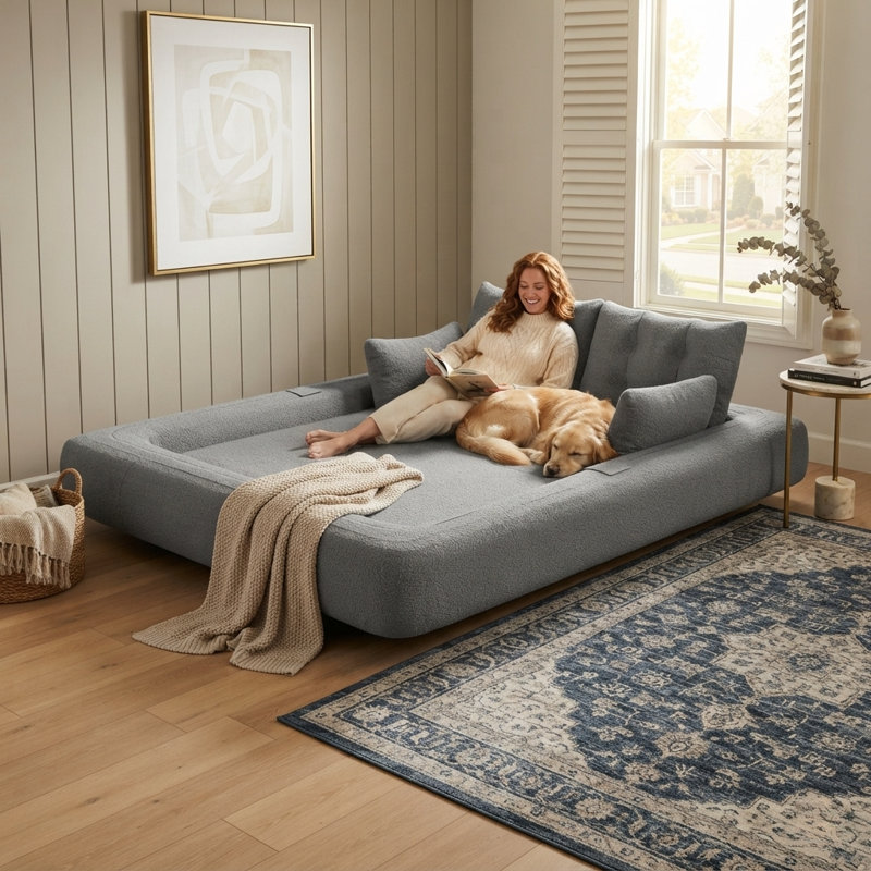 Lit surdimensionné pour humain et chien (78,7 pouces), coussin de sol convertible avec revêtement en polaire sherpa et 4 oreillers
