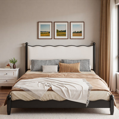 Wood Platform Bed With Upholstered Scalloped Headboard