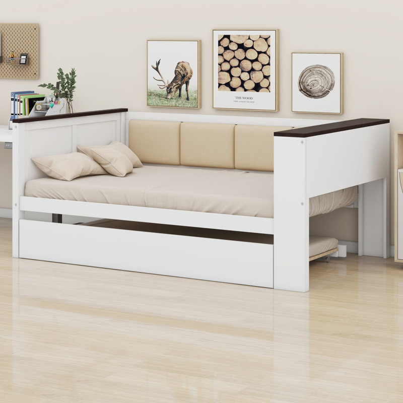Wood Daybed With Storage Shelves, Upholstered Backrest,USB And Trundle, Twin