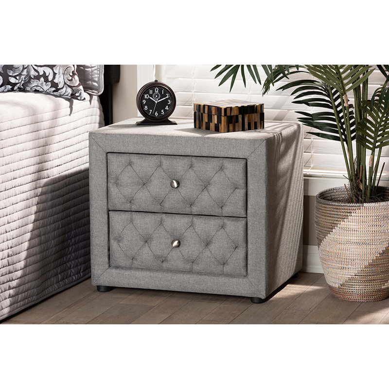 Caden Jonesy Gray Fabric Upholstered 2-Drawer Wood Nightstand, Gray