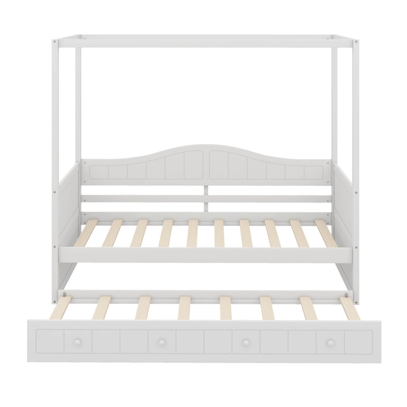 Lit à baldaquin simple avec lit gigogne simple, base de lit plateforme en bois avec tête de lit, Blanc