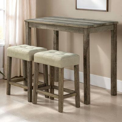Ensemble de salle à manger brun transitionnel 3 pièces ensemble de table en bois d'hévéa 2 tabourets capitonnés beige