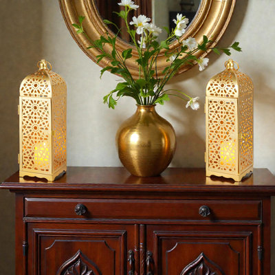 Ensemble de 2 lanternes à bougie décoratives rétro de 12,5 po de haut (doré)
