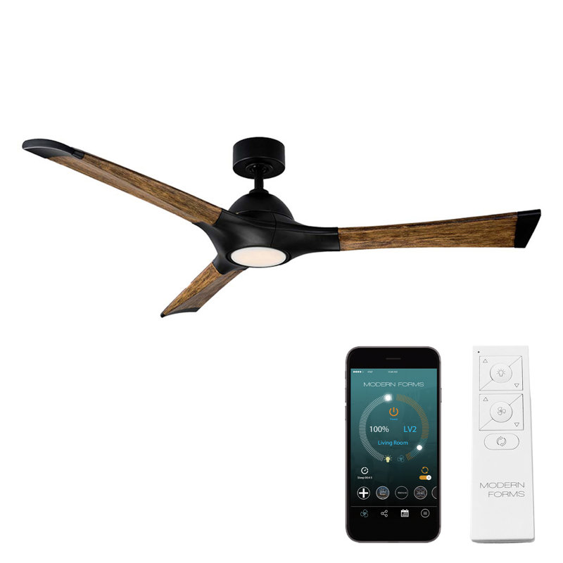 72" Woody 3 - Blade Outdoor Smart Propeller Ceiling Fan with Light Kit Included, Matte Black/Distressed Koa, 60", 3000K