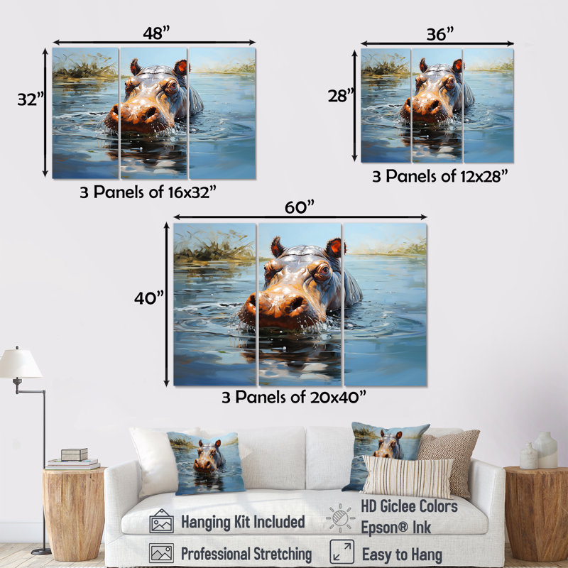Hippopotames gris au bord de la rivière Daydreames 1 - Hippopotame, H 28 po x l 36 po
