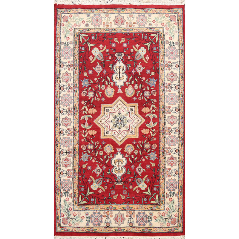 Tapis rouge en laine noué à la main de conception unique 3 pi x 5 pi 3 po New Age