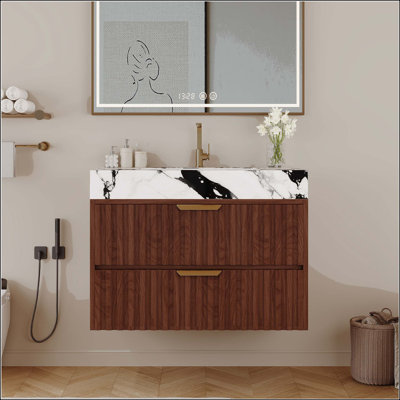 Meuble-lavabo flottant moderne de 30 po avec plateau en pierre frittée sans soudure