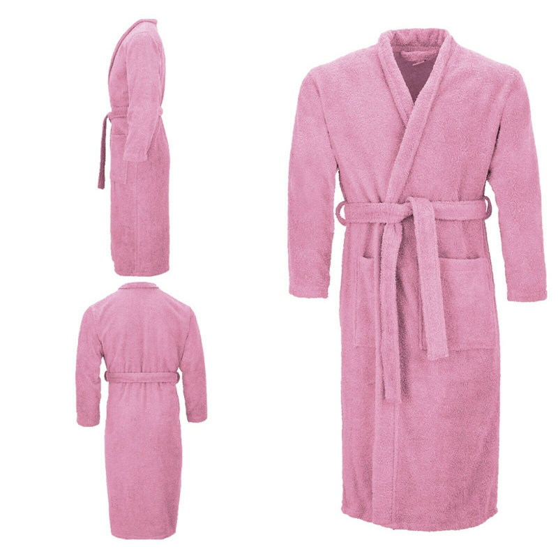 Lorello Cotton Terry Cloth Mid-Calf Bathrobe with Pockets, Pink, S/M