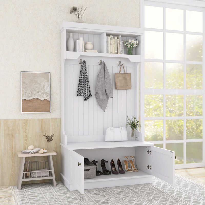 4-in-1 Hall Tree With Shoe Storage & Coat Hooks For Entryway, White