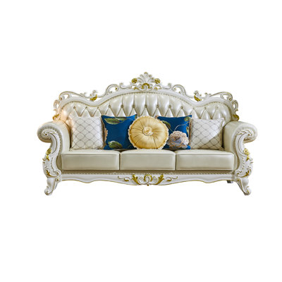 European Style Solid Wood Carved Sofa 91.73'' Leather Sofa