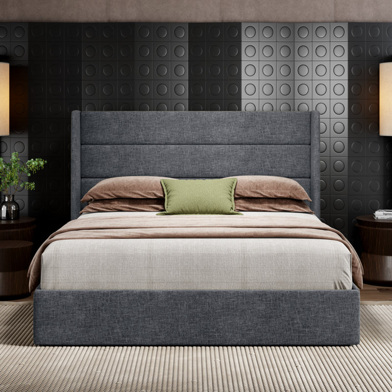 Lit plateforme tapissier avec rangement Bradenburg, Double, Bleu gris