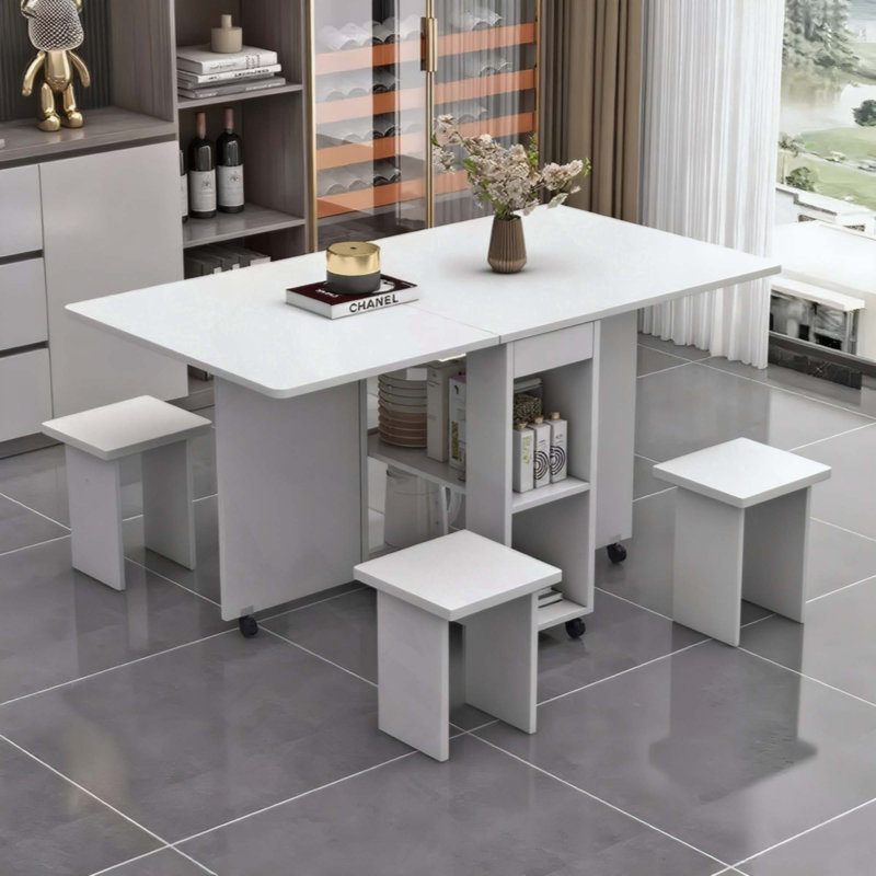 Table de salle à manger pliante à abattants pour 4 personnes avec 4 chaises, table de salle à manger pliable compacte avec rangement et 6 roulettes