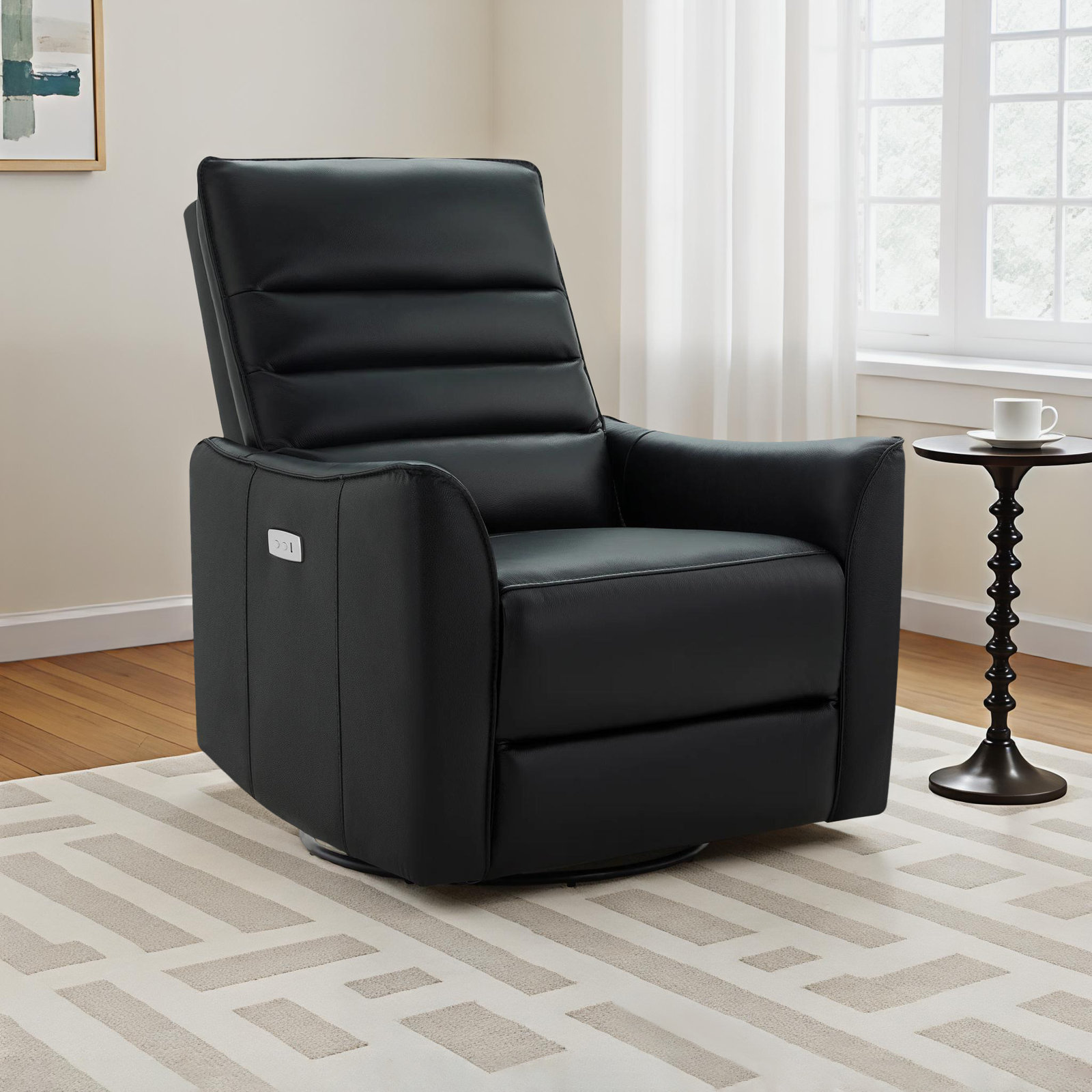Gabi 33" Genuine Leather Swivel Power Recliner, Florida Black Top Grain Genuine Leather