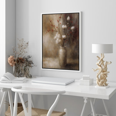 «Rustic Cotton Bouquet in Vase Canvas Wall Art», reproduction d'art neutre et neutre encadrée pour salon ou entrée