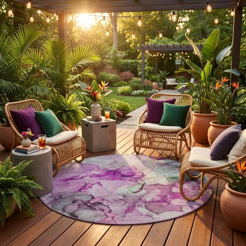 Tapis extérieur rond rond 8 pi gris et mauve à motif abstrait lavable