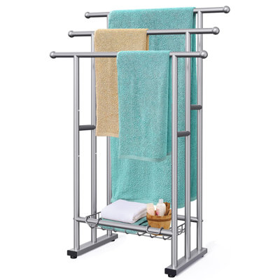 Porte-serviettes autoportant à 3 niveaux en acier allié avec panier de rangement, argent