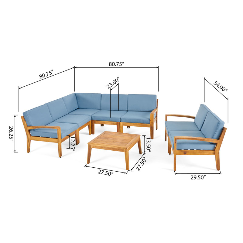 Ensemble de conversation modulaire d'extérieur avec coussins 7 pièces Streetman, Structure teck / coussins bleu