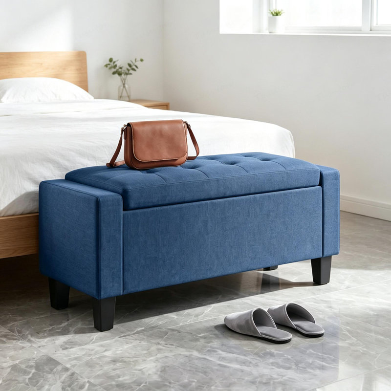 Banc ottoman de rangement avec accoudoirs capitonnés et pieds en bois pour entrée, chambre ou salon, Bleu