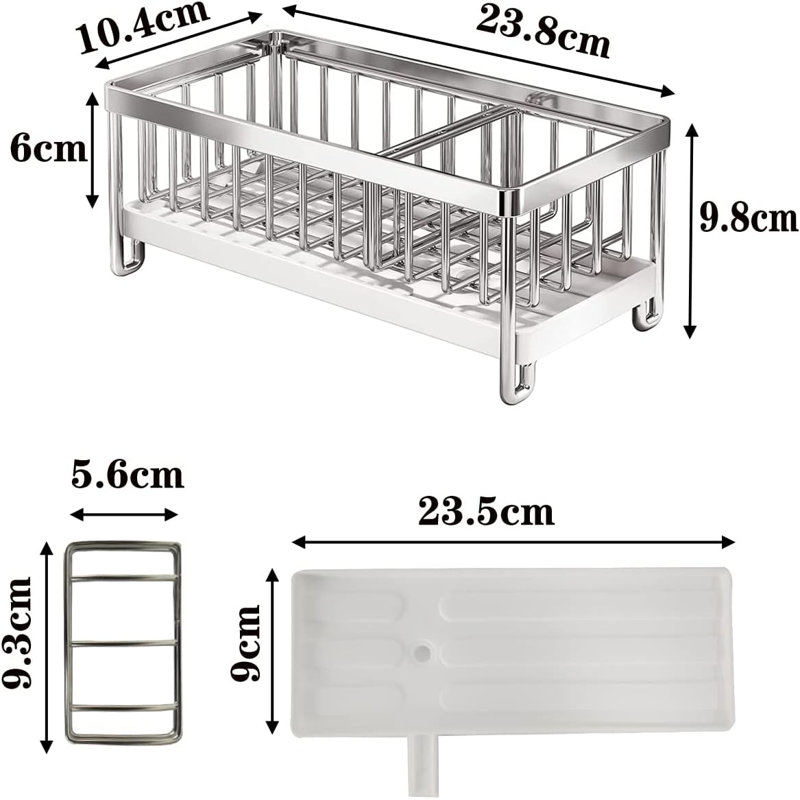 Porte-éponge pour évier de cuisine, support d'évier avec plateau de drain, organisateur d'évier de cuisine en acier inoxydable 304 antirouille, distributeur de savon et accessoires de rangement