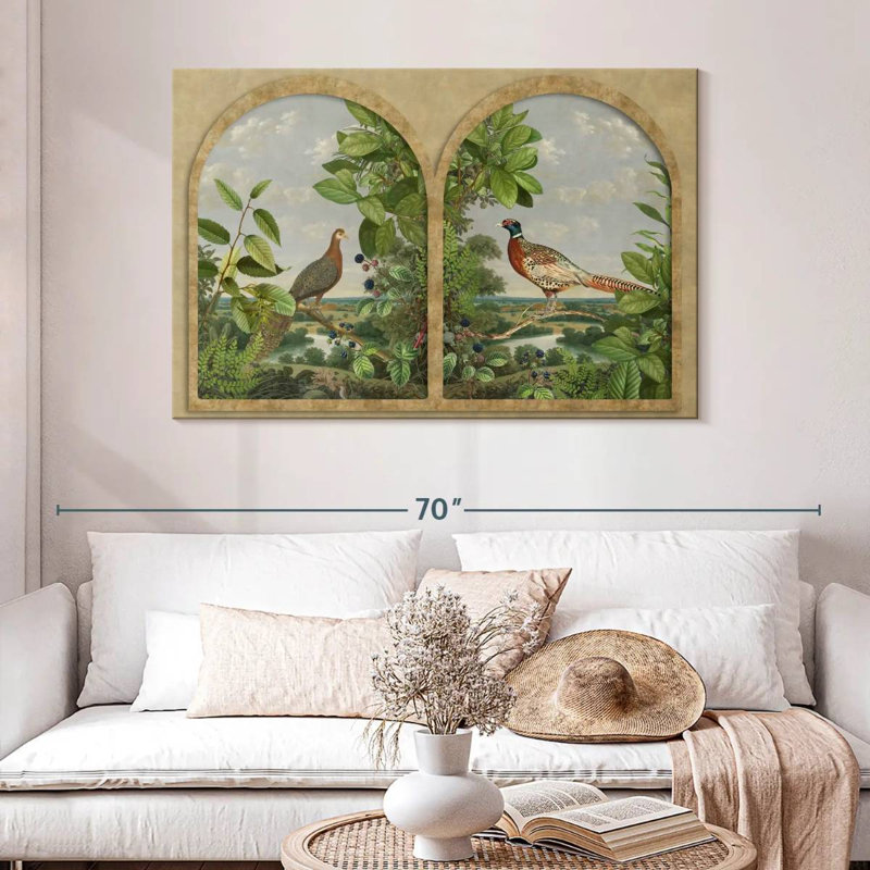 Fenêtre antique avec oiseaux nordiques, H 32 po x l 48 po