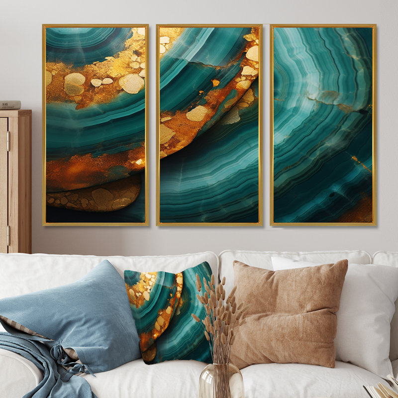 Agate Indigo Gold Waves - ensemble d'impression d'art mural en marbre, Cadre flottant doré, H 32 po x l 48 po x P 1 po
