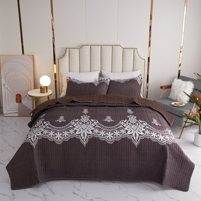 Ensemble de courtepointe 3 pièces en damas - Couvre-lit doux et léger pour le décor de la chambre à coucher (1 courtepointe, 2 taies décoratives)
