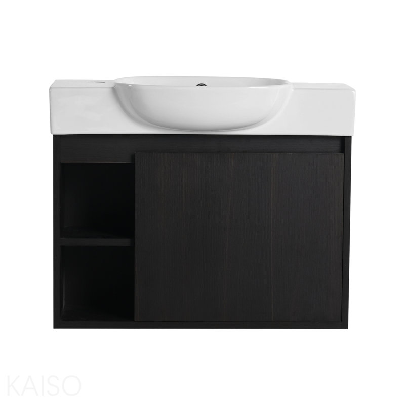 Meuble-lavabo mural de 26 po avec lavabo en céramique blanche et porte à fermeture en douceur, chêne foncé, contreplaqué, emballage Kd