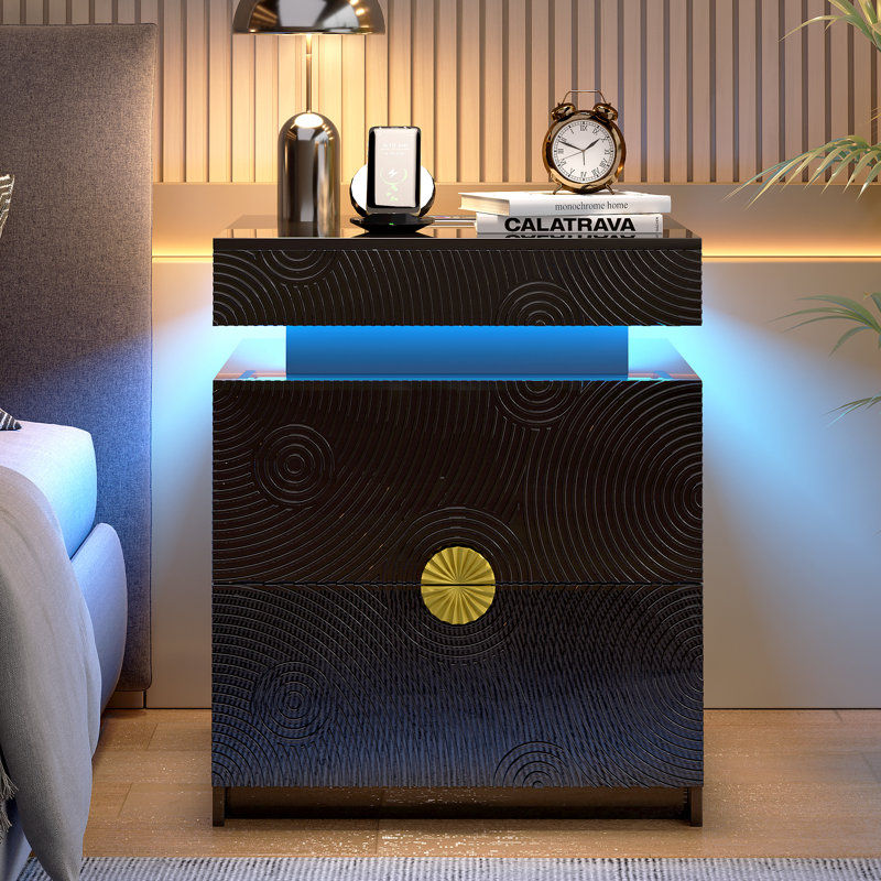 Modern Led Nightstand With Motion Sensor, App-controlled Rgb Lights & 2 Drawers - Textured Bedside Table, Black