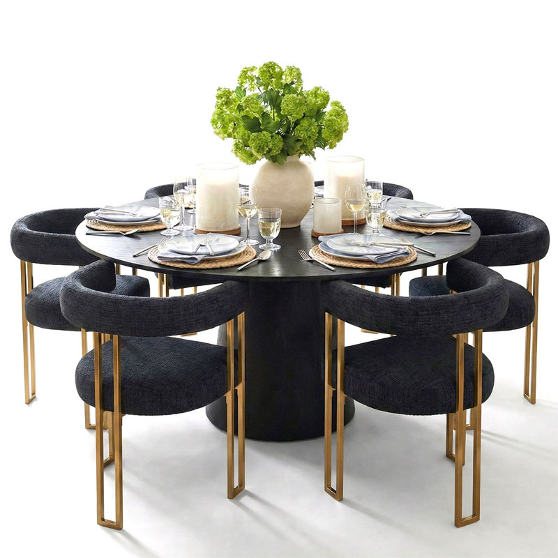 Ensemble de table de salle à manger pour 6 personnes avec table ronde de 60 po et 6 chaises en chenille dorées rembourrées