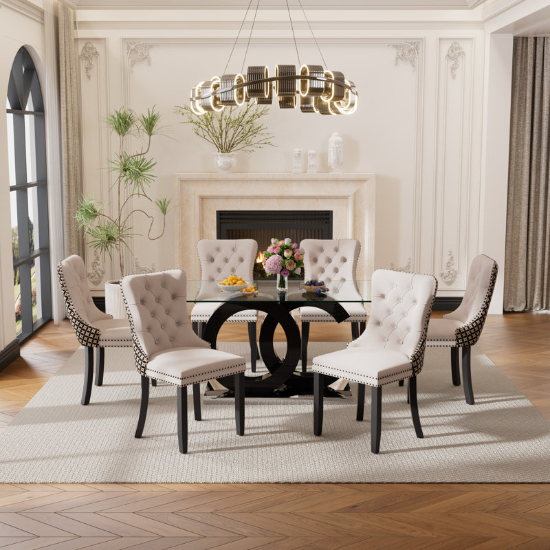 Yamil 6 - Person Pedestal Dining Set, Beige, Black