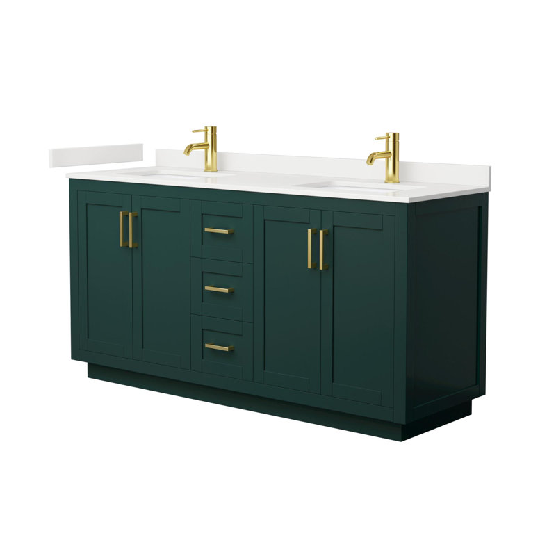 Miranda 66" Freestanding Double Bathroom Vanity with Quartz Top, White Quartz, Green, Brushed Gold