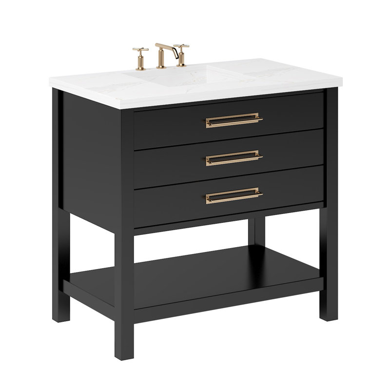 Kiawah Three-Drawer Single Bath Vanity, Noir, Satin Gold, 42"